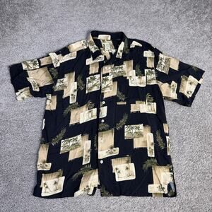 Islander Shirt Mens M Black Palm Print Short Sleeve Button Up Rayon Hawaiian